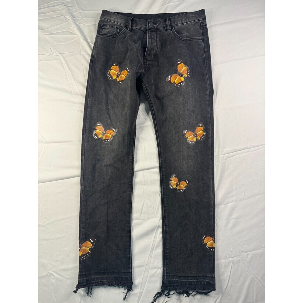 MNML Jeans Womens Size 33 Straight Butterfly Print Black 5 Pocket Raw Hem